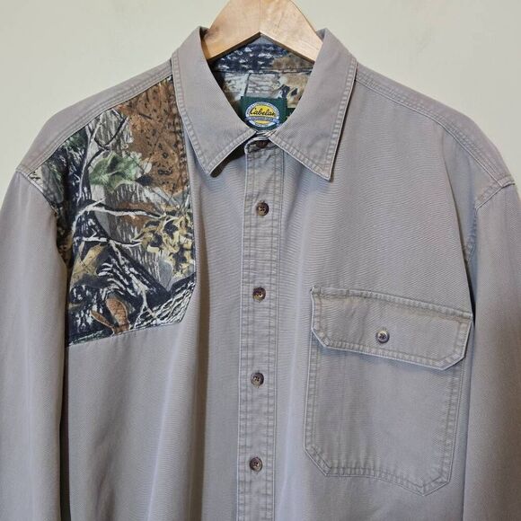 Cabelas Mens Shooting Shirt L Tall Button Up Quilted Shoulder Camo Tan Canvas - Picture 11 of 14